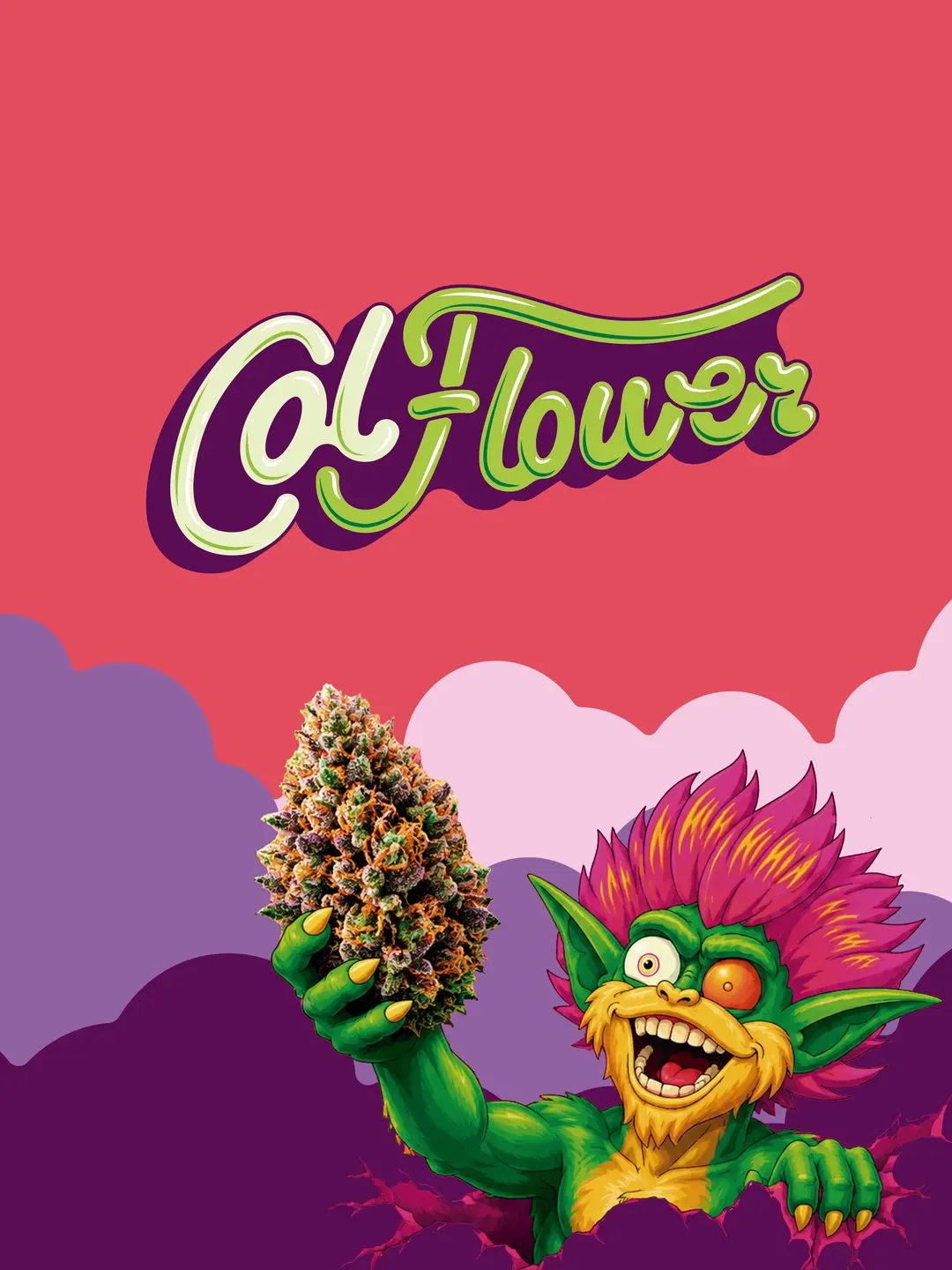 Glitch sosteniendo una flor de cannabis sobre nubes ColFlower